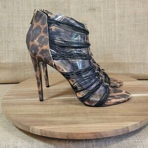 LFL Leopard Print Stiletto Heels Black‎ Strappy Cage Zip Up Women's Size 10